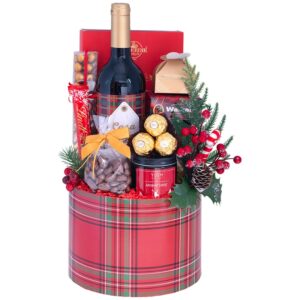 Kosz świąteczny Anielski – kartonowa tuba z winem Casa Roja Tempranillo, piernikami, maślanymi ciastkami i świecą