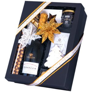 Kosz świąteczny Betlejemska Gwiazda – kartonowe pudełko z prosecco La Gioiosa, miodem, kawą ziarnistą i piernikiem