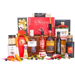 Kosz prezentowy Bolero – wiklinowa walizka z whisky Highland Park 12, rumem Planteray, oliwą i musztardą truflową