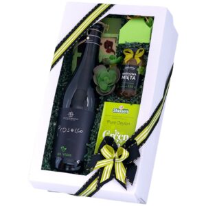 Kosz prezentowy Boogi – kartonowe pudełko z prosecco Bio Vegan, miodem z miętą, zieloną herbatą i pralinami