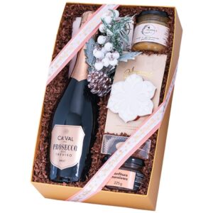 Kosz świąteczny Cicha Noc – kartonowe pudełko z prosecco CaVal Treviso, marcepanowymi pralinami i miodem