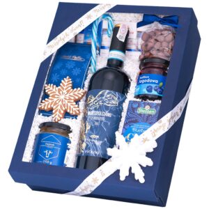 Kosz świąteczny Dziadek Mróz – kartonowe pudełko z winem Montepulciano d'Abruzzo, kawą Arabica i kajmakiem