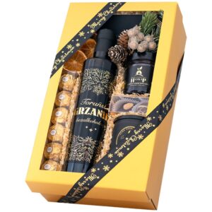 Kosz świąteczny Grzaniec – kartonowe pudełko z bezalkoholowym grzańcem toruńskim, kawą ziarnistą i Ferrero Rocher