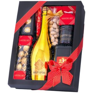 Kosz prezentowy Imperial – kartonowe pudełko z winem musującym Brut D'or, kawą ziarnistą i czekoladkami Lindt