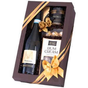 Kosz świąteczny Jota – kartonowe pudełko z prosecco Menestrello, pralinami rumowymi, konfiturą i Ferrero Rocher