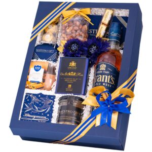 Kosz prezentowy Madison – kartonowe pudełko z whisky Grant's 8 Triple Wood, kawą arabica, miodem i świecą zapachową