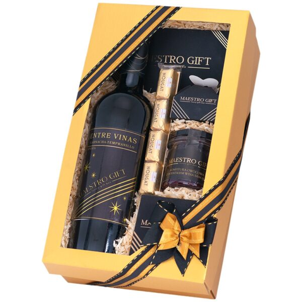 Kosz prezentowy Maestro Gift – kartonowe pudełko z winem Entre Vinas Garnacha Tempranillo, kawą arabica i pralinami