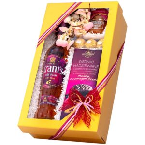 Kosz prezentowy Makarena – kartonowe pudełko z Grant's Ruby Plum, czekoladą ruby, piernikami i dżemem morelowym