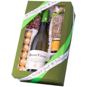 Kosz świąteczny Pod Jemiołą – kartonowe pudełko z winem Belles Vignes, Ferrero Rocher, pistacjami i świecą sojową