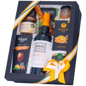 Kosz prezentowy Pogo – kartonowe pudełko z winem Porto Tawny, miodem wielokwiatowym, daktylami i herbatą owocową