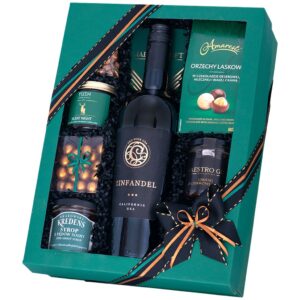 Kosz prezentowy Quickstep – kartonowe pudełko z winem Zinfandel, chutneyem z cebuli, pasztetem i świecą sojową