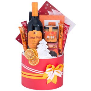 Kosz świąteczny Renifer – kartonowa tuba z winem Campo Viejo Rioja, truflami z Cointreau i czekoladkami Lindt
