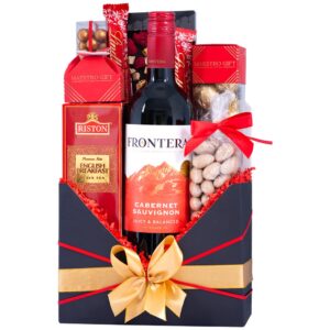 Kosz prezentowy Rumba – kartonowe pudełko z winem Frontera Cabernet Sauvignon, herbatą English Breakfast i czekoladkami Lindt