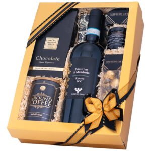 Kosz prezentowy Salsa – kartonowe pudełko z winem Primitivo di Manduria Riserva, kawą mieloną i czekoladkami