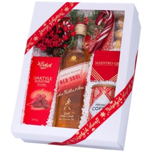 Kosz świąteczny Świąteczna Magia – kartonowe pudełko z whisky Johnnie Walker Red, kawą mieloną i daktylami