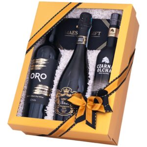 Kosz prezentowy Światowe Trio – kartonowe pudełko z wódką Czarna Olcha, prosecco Castello di Amore i winem Oro