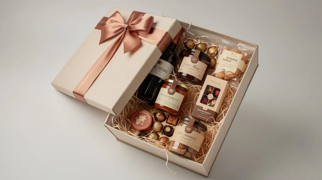 Elegancki kosz prezentowy zawiera delikatesy, wino oraz czekoladki, starannie ułożone na naturalnym wypełnieniu i przewiązane wstążką. To wyjątkowy prezent, który z pewnością ucieszy każdą kobietę, idealny na różne okazje, takie jak urodziny czy Dzień Kobiet.