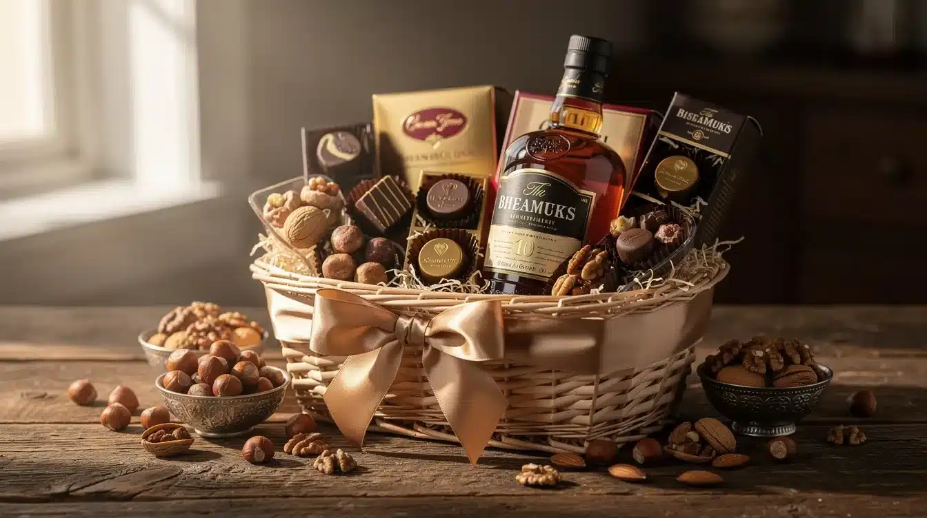 Kosz prezentowy dla mężczyzny z whisky, czekoladą i orzechami.