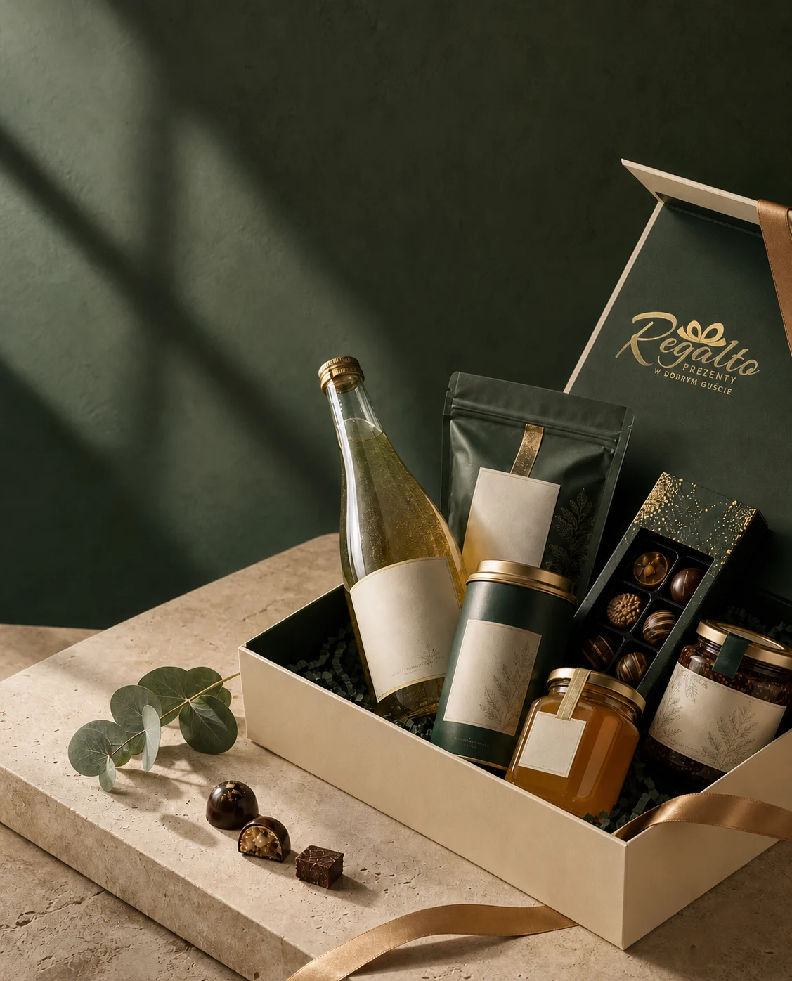 Kosz prezentowy bez alkoholu z herbatą, pralinami i delikatesami