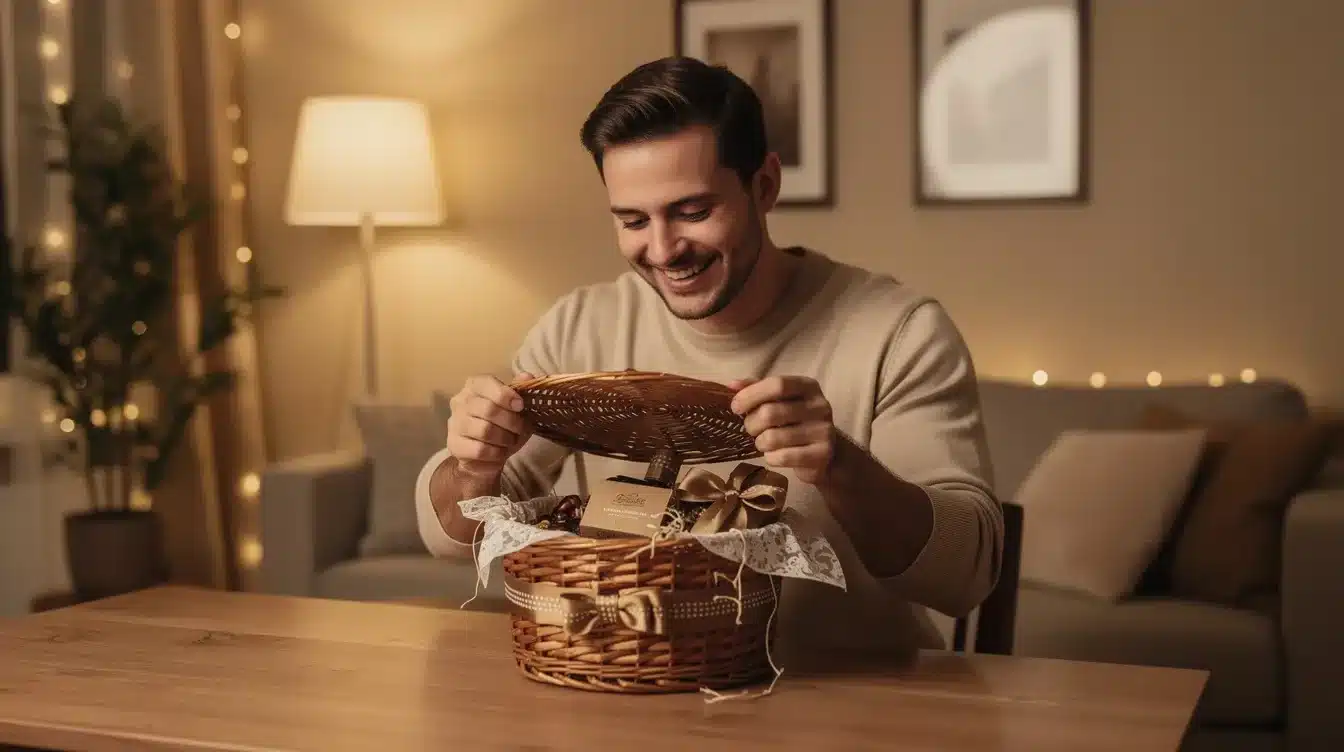 Mężczyzna otwierający elegancki kosz prezentowy.