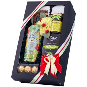 Kosz prezentowy Hula – kartonowe pudełko z koktajlem Mojito Casa Hamaca, daktylami, konfiturą pigwową i Ferrero Rocher
